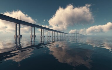 Long bridge extending across tranquil water under a cloudy sky landscape scene