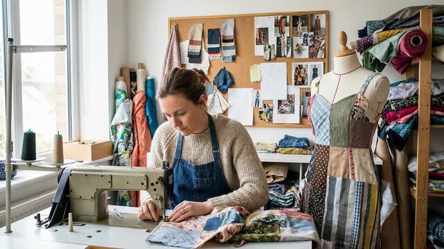 Creativity in Sustainable Fashion Woman Sewing Patchwork Fabric in Studio with Machine Showcasing Circular Economy and Textile Waste Management