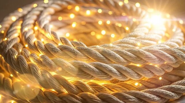 Close-up of coiled rope with small glowing lights woven through the strands.