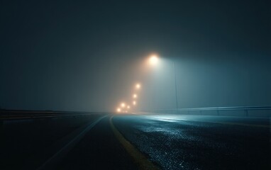 Road at night illuminated by street lights in atmospheric conditions