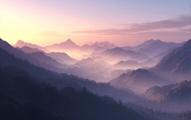 Majestic mountain range silhouetted against a pastel sunset sky landscape