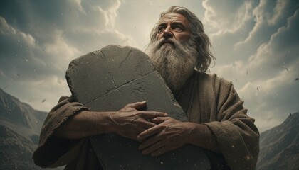 Moses is holding stone tablets with the 10 commandments