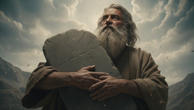 Moses is holding stone tablets with the 10 commandments