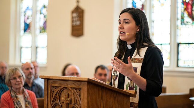 Modern preacher is preaching the religious gospel to congregation during sunday service