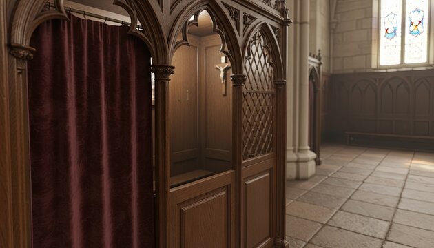 Confessional booth in religious church - empty interior