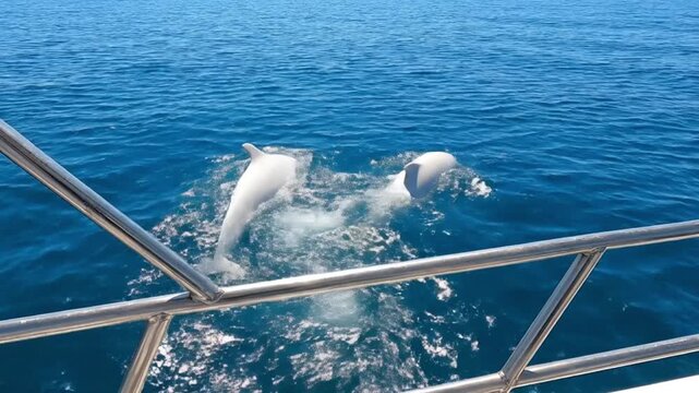Experience the majestic beauty of ocean life as two large, white marine mammals gracefully leap and frolic out of the pristine blue sea, creating exhilarating splashes. Captured from the perspective o