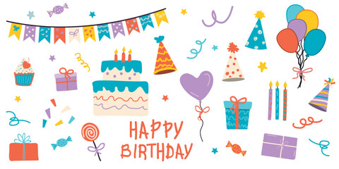 Happy Birthday Vector Set with Cake, Gifts, Balloons and Party Icons on transparent Background 