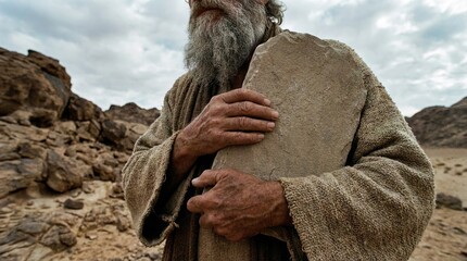 Moses is holding stone tablets with the 10 commandments