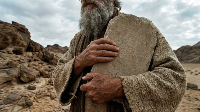 Moses is holding stone tablets with the 10 commandments