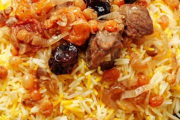 Traditional Middle Eastern Lamb Pilaf with Saffron Rice and Dried Fruits