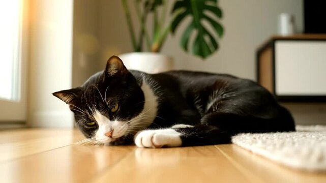 Black and white cat resting comfortably on a hardwood floor near a houseplant, with gentle purring sound