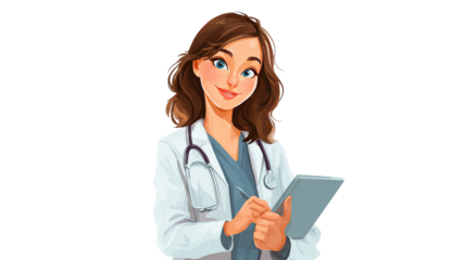 Smiling female doctor holding digital tablet medical professional illustration healthcare worker portrait isolated on white background