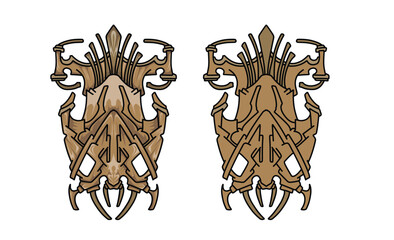 Myth-inspired mask set showcasing decorative tribal elements, symbolic shapes, and expressive forms suitable for modern creative use.