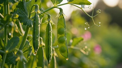 Beautiful close-up shot of mature, fully developed bright green pea pods swaying gently in a light breeze ready for picking close-up, harvest, cinematic