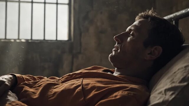 Prisoner rests peacefully in cell, bathed in sunlight, portraying isolation, solitude, and confinement in a gritty, cinematic scene