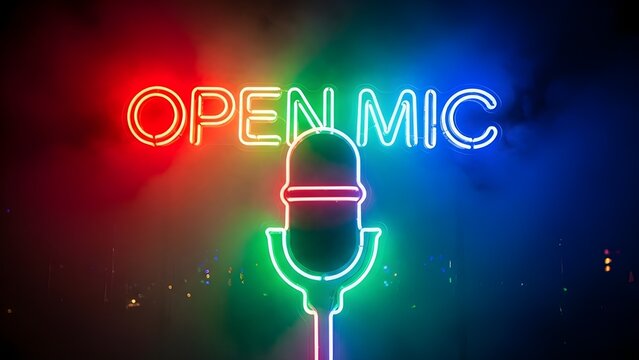 Neon 'OPEN MIC' Sign with Microphone Illustration and Colorful Glowing Background
