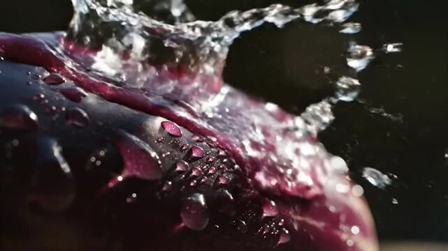 Close up of water droplets rolling off purple eggplant skin macro cinematic focus natural daylight dark moody background HD detail enhanced