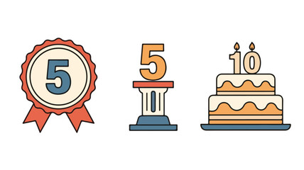 Flat design icons of a rosette, trophy, and birthday cake with numbers on a white background, conveying celebration and achievement.