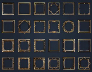 A grid showcases various ornate, geometric golden frames on a dark background, each with unique linear designs
