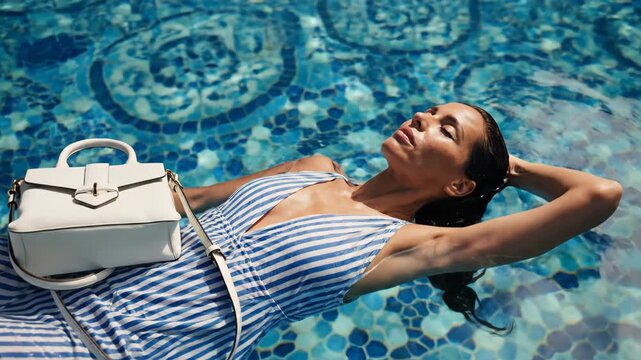 Stylish adult woman relaxing in a swimming pool with a white designer handbag on her stomach. Luxury summer fashion and accessories concept for a surreal vacation