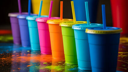 Colorful tumblers with straws in rainbow colors