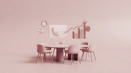 Abstract pink business meeting setup with a round table, chairs, and floating financial graphics and gender symbols.