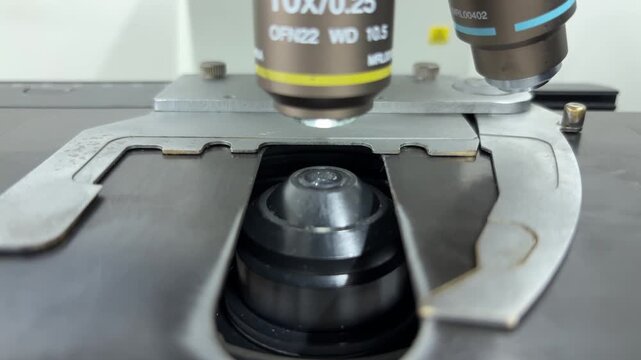 Removing a Yellow Microscope Slide from the Stage &ndash; Examination Completion (Centered Shot)