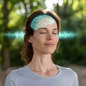 Woman Meditating with Brain Graphic Overlay Mind and Body Connection for Wellness