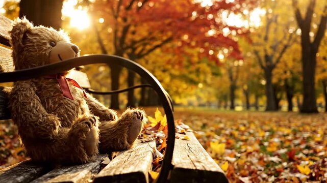 Beautiful golden hour dolly shot moving past a vintage soft teddy bear left alone on an aged wooden park bench surrounded by a soft bokeh of colorful autumn trees sunset, hour, motion