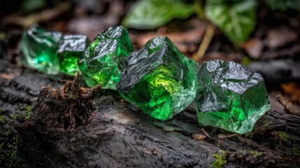 Shimmering emerald green rough crystals scattered on a textured wooden surface in natural light