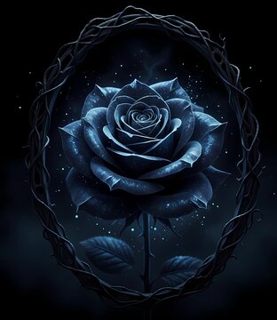 Dark Gothic Blue Rose with Silver Sparkles and Thorns on Black Background
