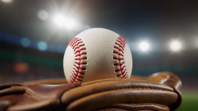 Close-up of a baseball resting in a glove on a diamond field under soft lighting.
