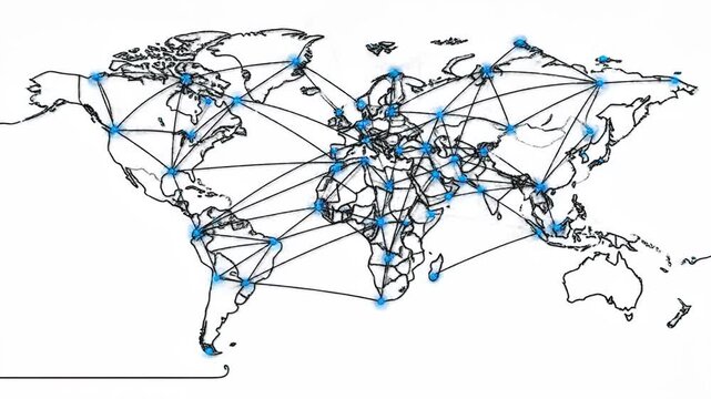 Global connections map with blue lines and arrows illustrating international travel routes and communication networks on a world map