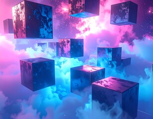 Floating Cubes in Neon Cloud Formation.