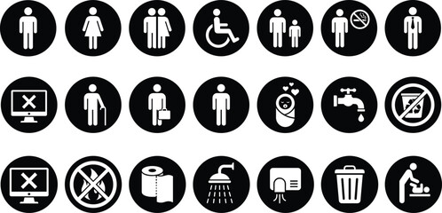 Public restroom and bathroom icon set featuring accessibility hygiene male female wheelchair baby care universal signage symbols pictograms design