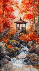 Autumn maple leaves, red leaves, mountain pavilions, flowing water