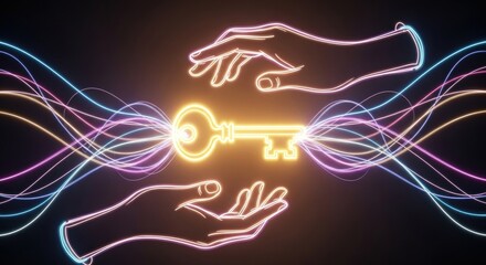 Two hands holding a glowing key with neon lines in a dark background.