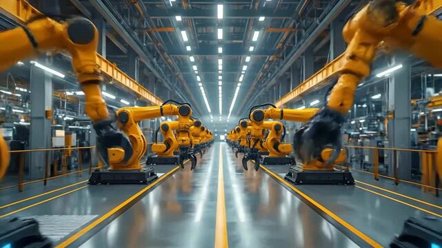 Automated factory assembly line featuring robotic arms in a modern, industrial setting.