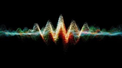 Abstract Colorful Sound Wave Visualization with Glowing Particles on Black Background.