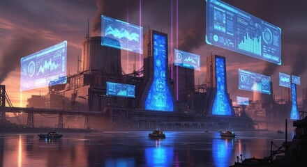 A futuristic cityscape with holographic screens and glowing blue lights.
