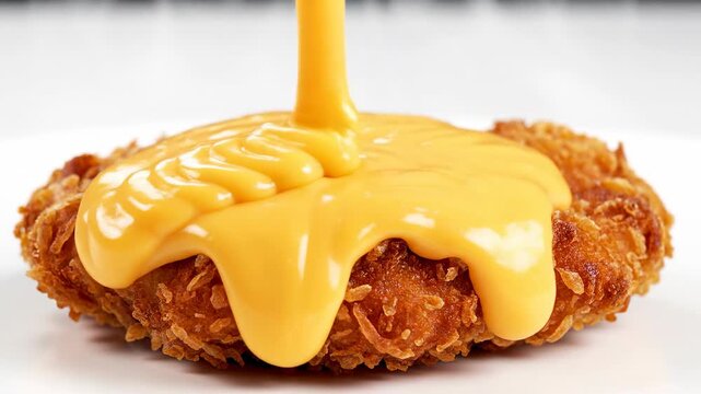 Beautiful slow motion drizzle of creamy yellow sauce falling onto the hot textured surface of a freshly fried breaded chicken fillet patty on a white background pour, mustard, ketchup