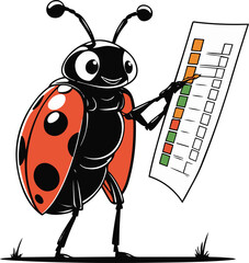 A ladybug as a garden quality controller holding a checklist, small rounded pose, flat vector art, clean edges, limited color palette, thick black outline, no texture, no lighting, isolated on white