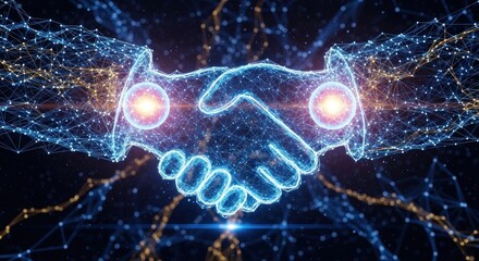 Two hands shaking in the digital age with a glowing light effect.