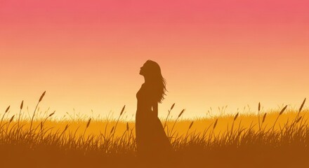 A woman standing in a field of tall grass at sunset, with a pink and orange sky.