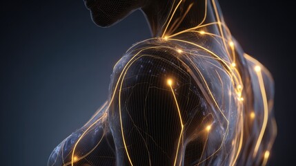 Abstract Wireframe Human Body with Glowing Neural Network and Energy Flow