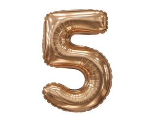 Rose Gold Foil Balloon Number 5. Realistic 3D Isolated Bronze Five on Transparent Background