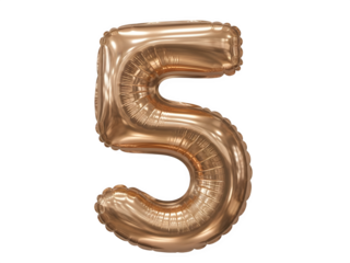 Rose Gold Foil Balloon Number 5. Realistic 3D Isolated Bronze Five on Transparent Background