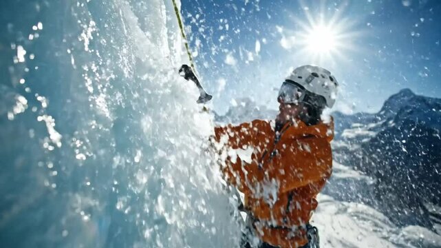 Adventurous Ice Climber Pounding Ice with Ice Axe on a Sunny Winter Day in the Mountains