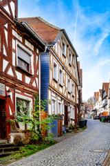 Biedenkopf, Hessen, Kreis Marburg-Biedenkopf &mdash; old town view with half timber houses, cobble paving and narrow alley