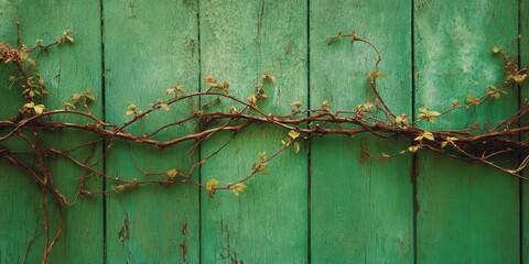 Rustic Green Wooden Wall Background with Trailing Vine and Delicate Green Leaves